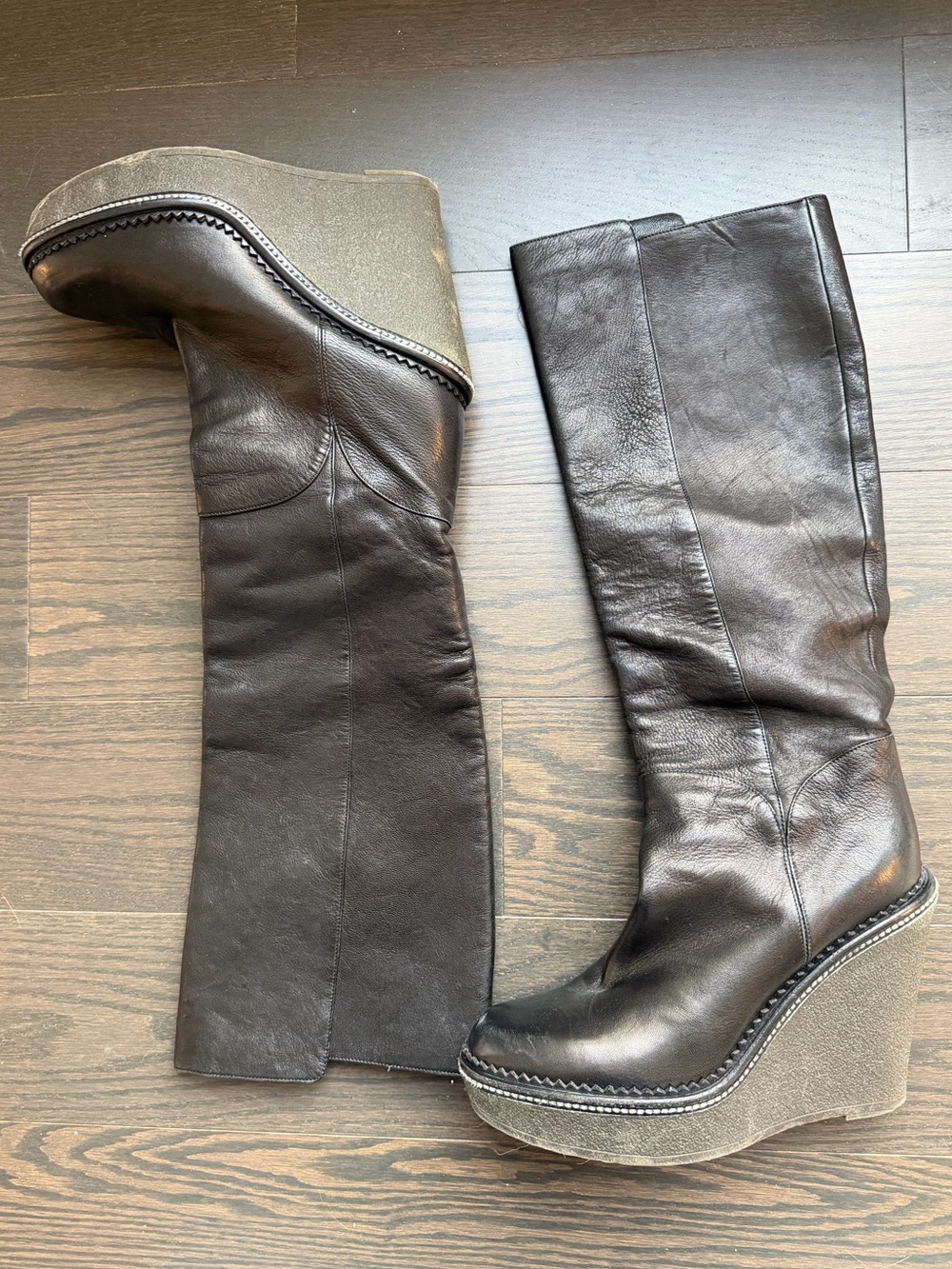Yves Saint Laurent Black Leather Knee-High Wedge Boots — Size 39.5